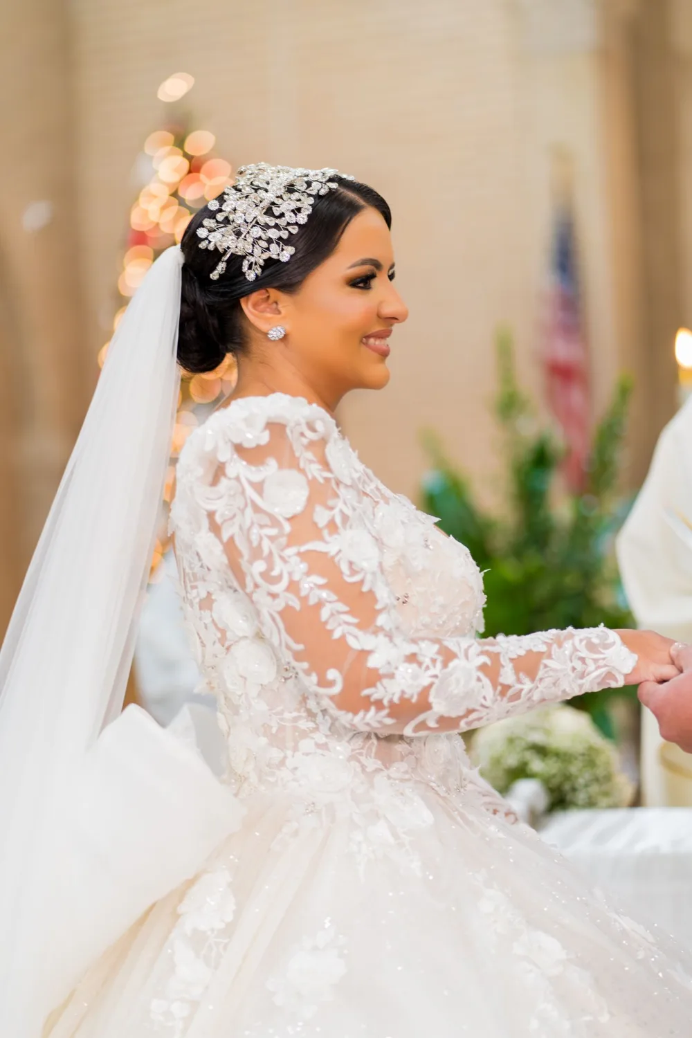 Bridal makeup and a classic updo with a jeweled headpiece
